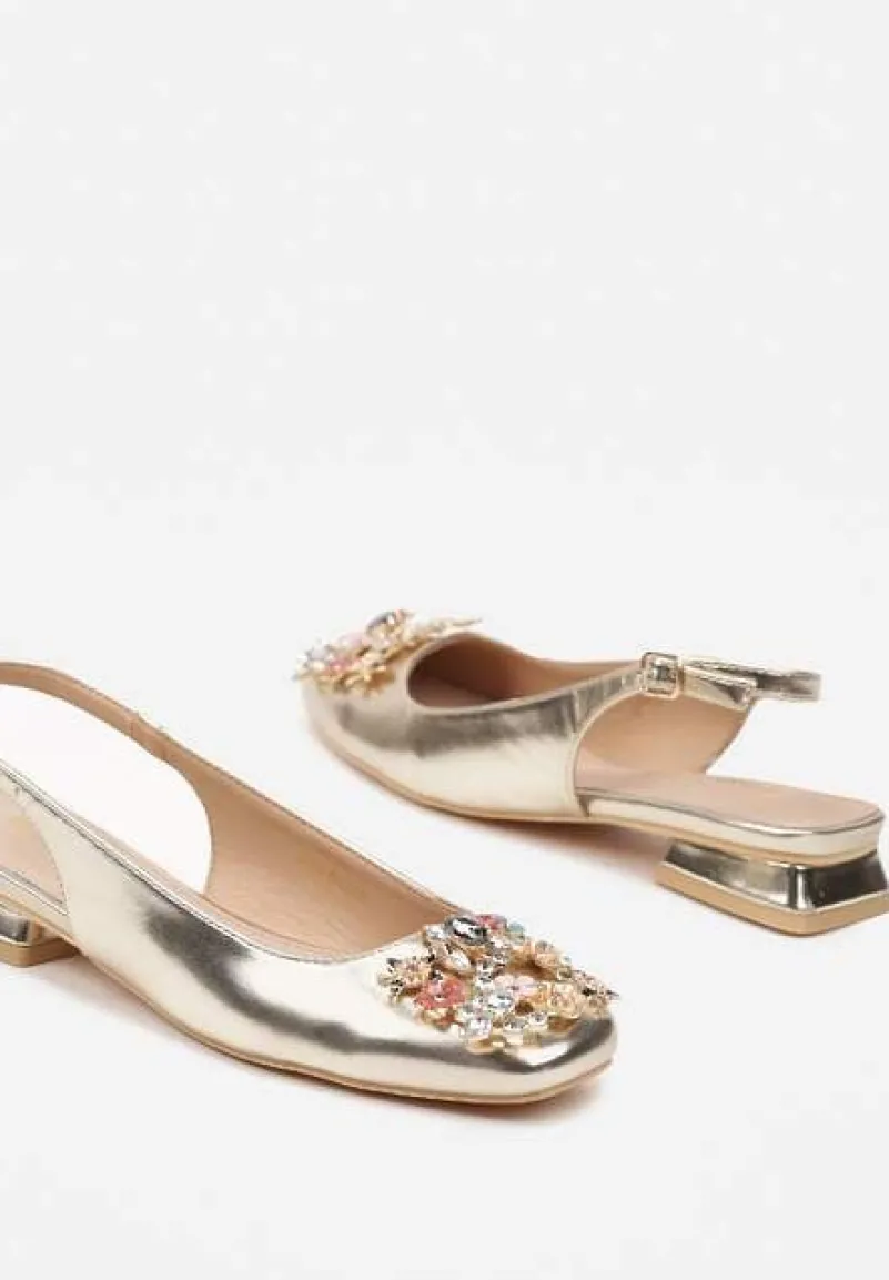 Złote Czółenka Slingback Vices z Cyrkoniami i Wkładką ze Skóry Eklina