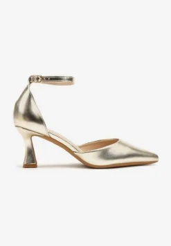 Złote Czółenka Vices na Klepsydrze z Noskiem w Szpic i Klamerką Nusithia