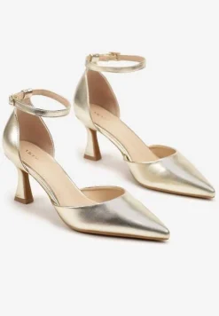 Złote Czółenka Vices na Klepsydrze z Noskiem w Szpic i Klamerką Nusithia