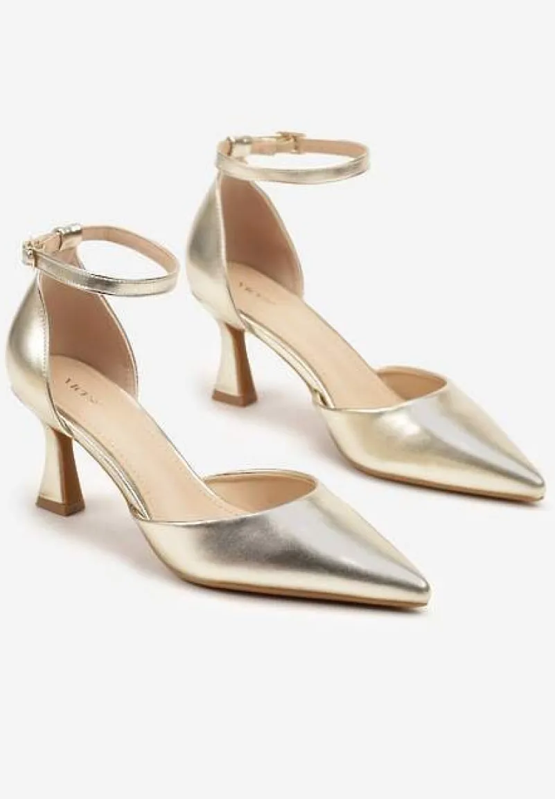 Złote Czółenka Vices na Klepsydrze z Noskiem w Szpic i Klamerką Nusithia