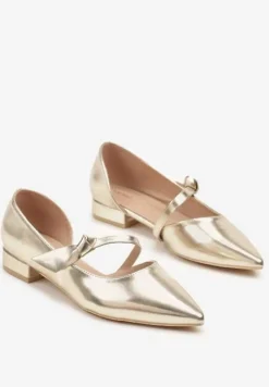 Złote Czółenka Vices na Płaskiej Podeszwie ze Skórzaną Wkładką z Supełkiem Liliarine