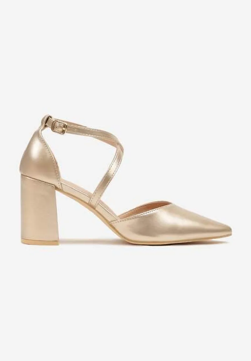 Złote Czółenka Vices na Słupku ze Skórzaną Wkładką Ozdobione Paskami Learelia