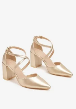 Złote Czółenka Vices na Słupku ze Skórzaną Wkładką Ozdobione Paskami Learelia