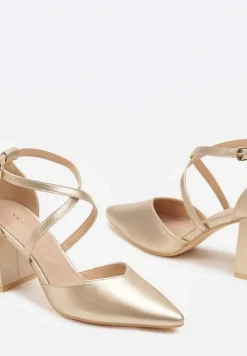 Złote Czółenka Vices na Słupku ze Skórzaną Wkładką Ozdobione Paskami Learelia