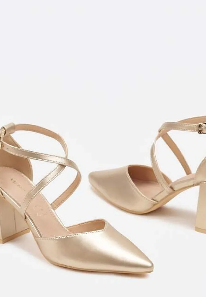 Złote Czółenka Vices na Słupku ze Skórzaną Wkładką Ozdobione Paskami Learelia