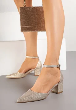 Złote Czółenka Vices na Słupku z Wkładką ze Skóry Naturalnej Ozdobione Paskiem Resilia