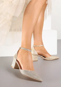 Złote Czółenka Vices na Słupku z Wkładką ze Skóry Naturalnej Ozdobione Paskiem Resilia