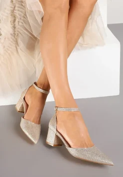 Złote Czółenka Vices na Słupku z Wkładką ze Skóry Naturalnej Ozdobione Paskiem Resilia