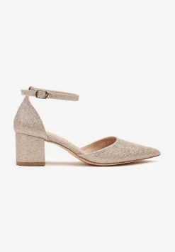 Złote Czółenka Vices na Słupku z Wkładką ze Skóry Naturalnej Ozdobione Paskiem Resilia