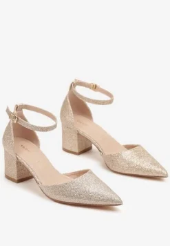 Złote Czółenka Vices na Słupku z Wkładką ze Skóry Naturalnej Ozdobione Paskiem Resilia