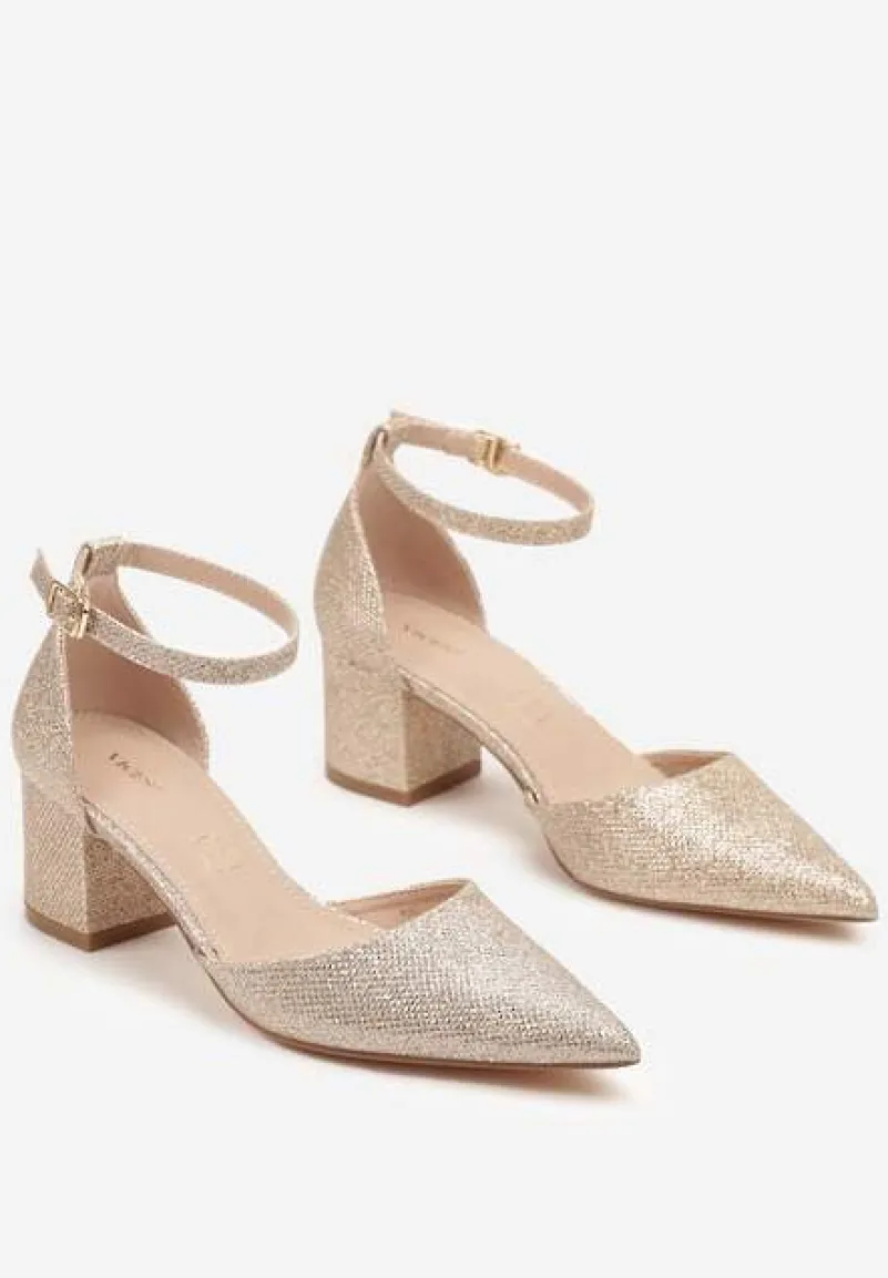 Złote Czółenka Vices na Słupku z Wkładką ze Skóry Naturalnej Ozdobione Paskiem Resilia