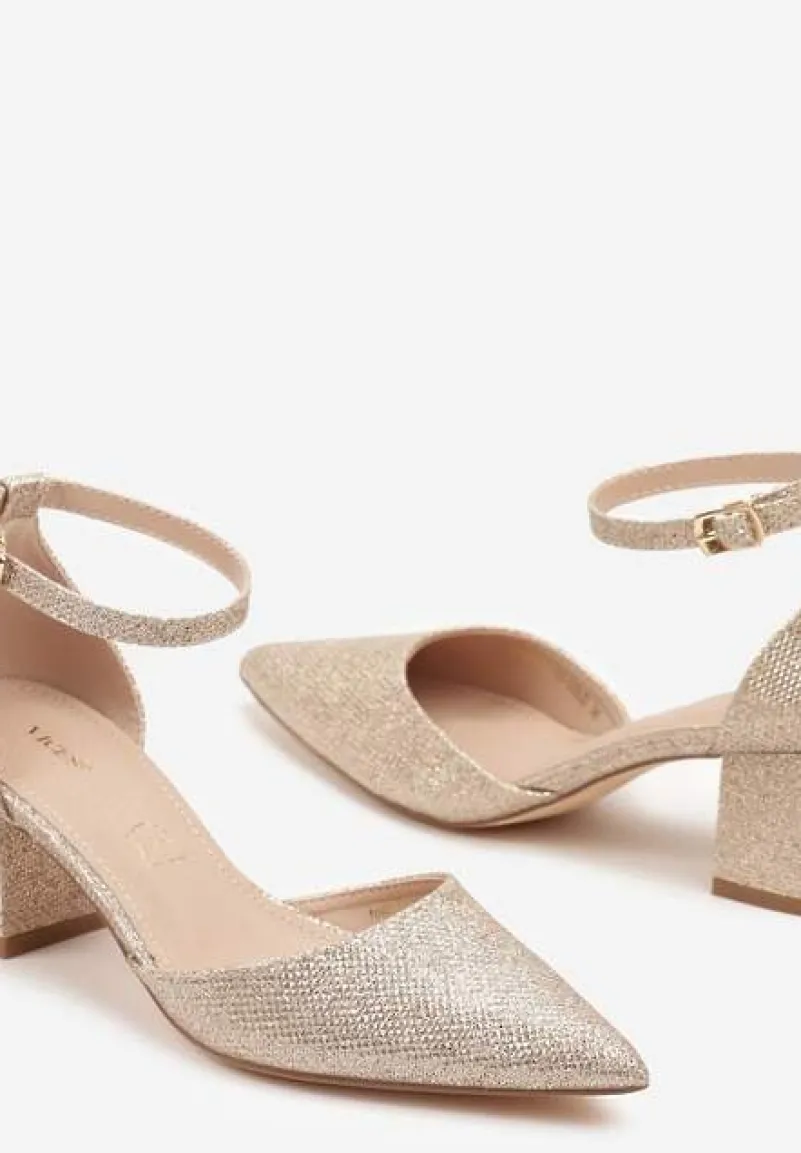 Złote Czółenka Vices na Słupku z Wkładką ze Skóry Naturalnej Ozdobione Paskiem Resilia