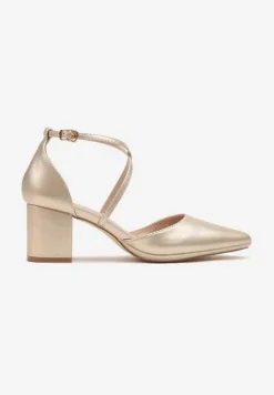 Złote Czółenka Vices na Słupku z Wkładką ze Skóry Naturalnej i Ozdobnymi Paskami Lizzetta