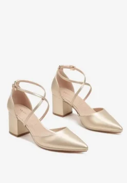 Złote Czółenka Vices na Słupku z Wkładką ze Skóry Naturalnej i Ozdobnymi Paskami Lizzetta