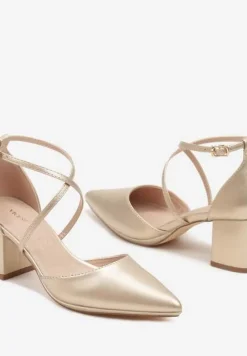 Złote Czółenka Vices na Słupku z Wkładką ze Skóry Naturalnej i Ozdobnymi Paskami Lizzetta