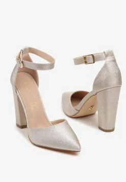 Złote Czółenka Vices na Słupku z Paskiem Wokół Kostki Izalithea