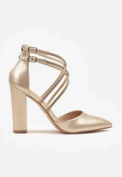 Złote Czółenka Vices na Słupku ze Skórzaną Wkładką Ozdobione Cyrkoniami i Paskami Sairira