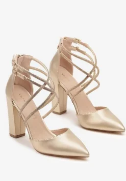 Złote Czółenka Vices na Słupku ze Skórzaną Wkładką Ozdobione Cyrkoniami i Paskami Sairira