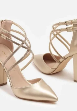 Złote Czółenka Vices na Słupku ze Skórzaną Wkładką Ozdobione Cyrkoniami i Paskami Sairira