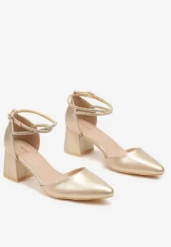 Złote Czółenka Vices na Słupku z Wkładką ze Skóry Naturalnej i Paskami z Cyrkoniami Riastella