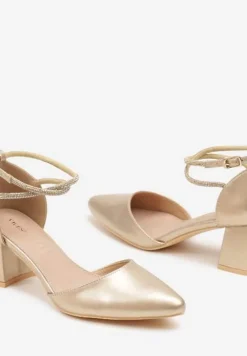 Złote Czółenka Vices na Słupku z Wkładką ze Skóry Naturalnej i Paskami z Cyrkoniami Riastella