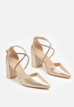 Złote Czółenka Vices z Cyrkoniami i Wkładką ze Skóry Naturalnej Resiyana