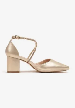 Złote Czółenka Vices z Wkładką ze Skóry Naturalnej Ozdobione Cyrkoniami Sintelittia