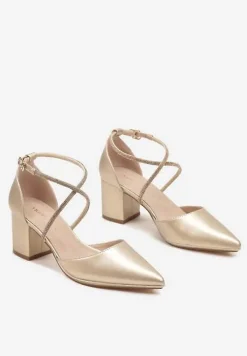 Złote Czółenka Vices z Wkładką ze Skóry Naturalnej Ozdobione Cyrkoniami Sintelittia