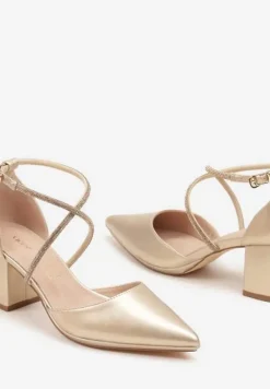 Złote Czółenka Vices z Wkładką ze Skóry Naturalnej Ozdobione Cyrkoniami Sintelittia