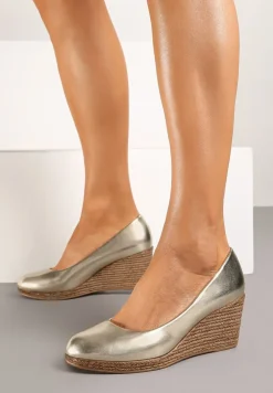 Złote Czółenka Vices ze Skórzaną Wkładką na Plecionym Koturnie Serapne