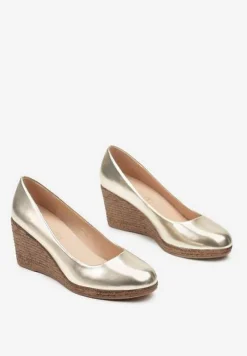 Złote Czółenka Vices ze Skórzaną Wkładką na Plecionym Koturnie Serapne