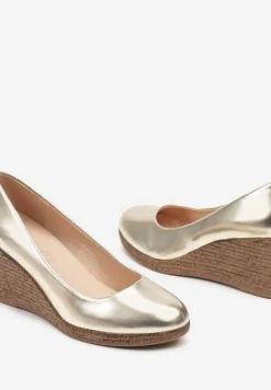 Złote Czółenka Vices ze Skórzaną Wkładką na Plecionym Koturnie Serapne