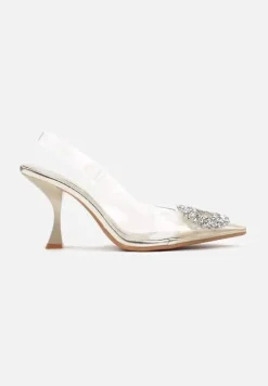 Złote Czółenka z Odkrytą Piętą i Transparentną Cholewką oraz Cyrkoniami Navieria