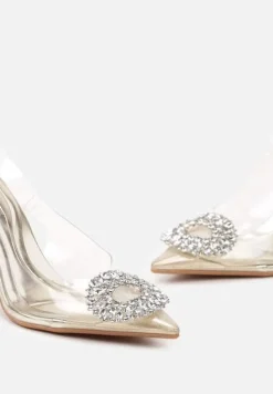 Złote Czółenka z Odkrytą Piętą i Transparentną Cholewką oraz Cyrkoniami Navieria