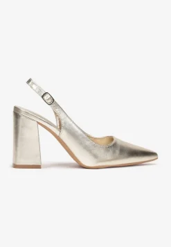 Złote Czółenka ze Szpiczastym Noskiem na Słupku i Odkrytą Piętą Dalanie