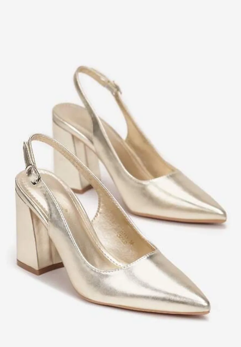 Złote Czółenka ze Szpiczastym Noskiem na Słupku i Odkrytą Piętą Dalanie