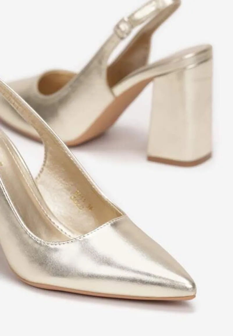 Złote Czółenka ze Szpiczastym Noskiem na Słupku i Odkrytą Piętą Dalanie