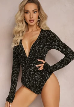 Złote Dopasowane Błyszczące Body z Głębokim Trójkątnym Dekoltem Keslina