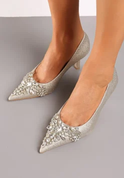 Złote Eleganckie Czółenka na Szpilce z Brokatem i Cyrkoniami Arkana