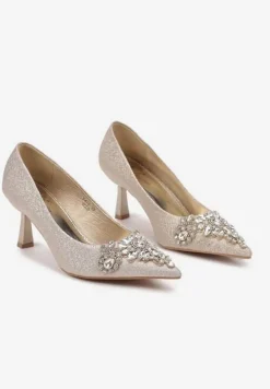 Złote Eleganckie Czółenka na Szpilce z Brokatem i Cyrkoniami Arkana