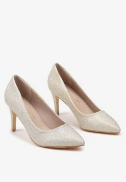 Złote Eleganckie Czółenka Vices na Szpilce z Brokatem i Wkładką ze Skóry Naturalnej Sarinna