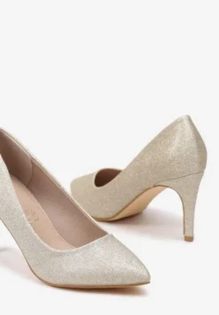 Złote Eleganckie Czółenka Vices na Szpilce z Brokatem i Wkładką ze Skóry Naturalnej Sarinna