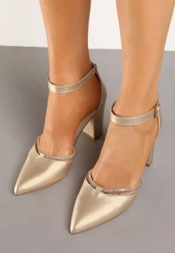 Złote Eleganckie Czółenka Vices ze Skórzaną Wkładką i Cyrkoniami Sarirra