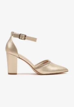 Złote Eleganckie Czółenka Vices ze Skórzaną Wkładką i Cyrkoniami Sarirra