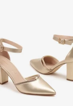 Złote Eleganckie Czółenka Vices ze Skórzaną Wkładką i Cyrkoniami Sarirra