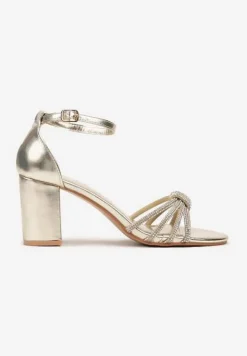 Złote Eleganckie Sandały na Słupku z Cyrkoniowymi Paskami Merilinae