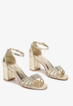 Złote Eleganckie Sandały na Słupku z Cyrkoniowymi Paskami Merilinae