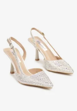 Złote Eleganckie Sandały na Szpilce z Odkrytą Piętą Pokryte Cyrkoniami Felimira