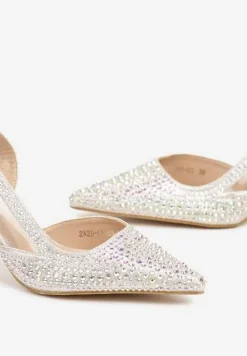 Złote Eleganckie Sandały na Szpilce z Odkrytą Piętą Pokryte Cyrkoniami Felimira