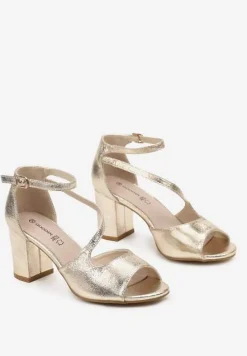 Złote Eleganckie Sandały na Powlekanym Obcasie ze Skórzaną Wkładką Brigides